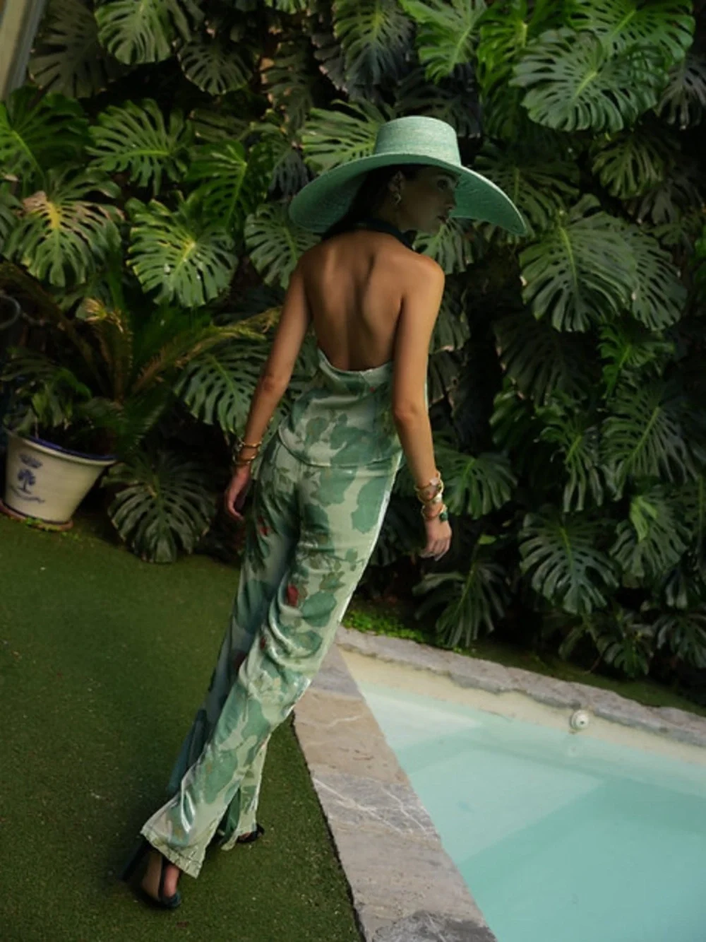 Claw the Label La Piazza Set NWT Green Floral Silk Pant Set Wedding Guest Resort - Picture 10 of 16
